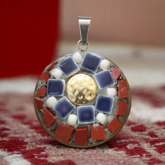 One-of-a-kind tile and mixed material handmade micro mosaic necklace