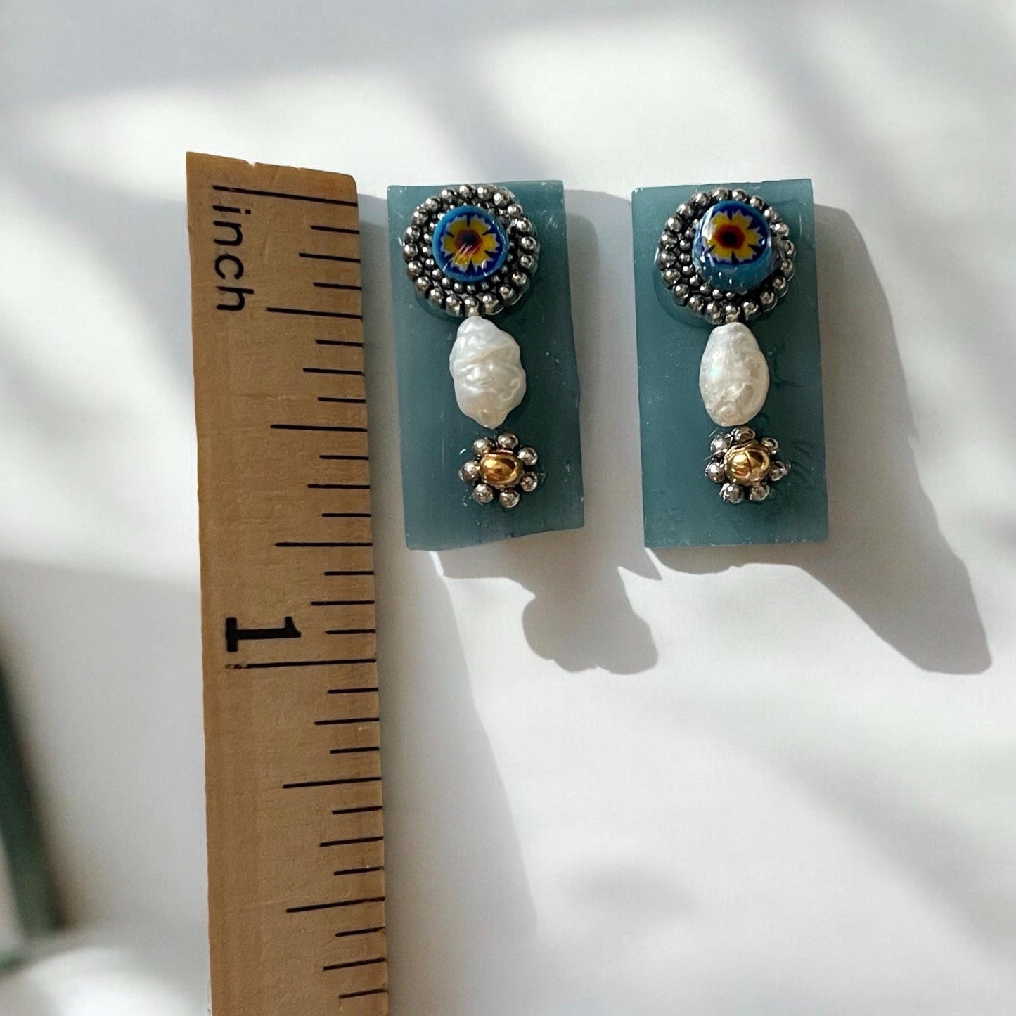 Unique stained glass earrings with Italian millefiori and pearls - stud or dangle earrings