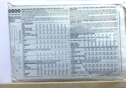 UNCUT Sewing Pattern - Simplicity 0500, Pants, Dress, or Mini Dress with Belt and Jacket or Vest, Sizes 8 - 16