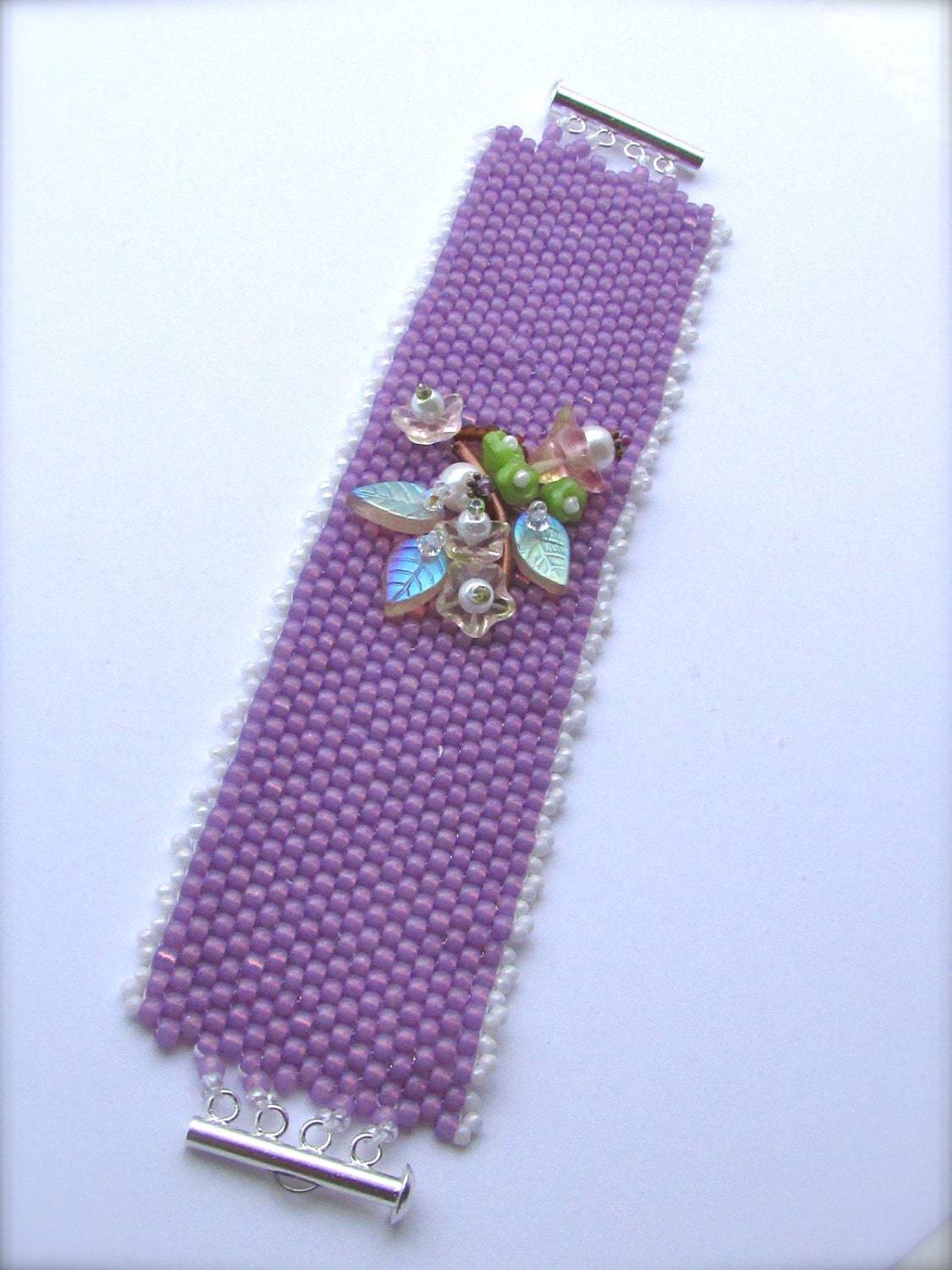 My flower garden - original bead woven / beadwork glass and crystal one-of-a-kind wide artisan bracelet