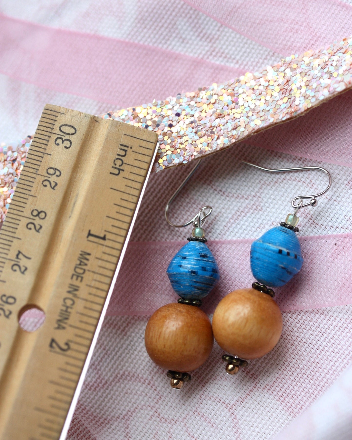 Rolled blue paper and tan wood beads handmade dangle earrings with vintage, upcycled and new elements