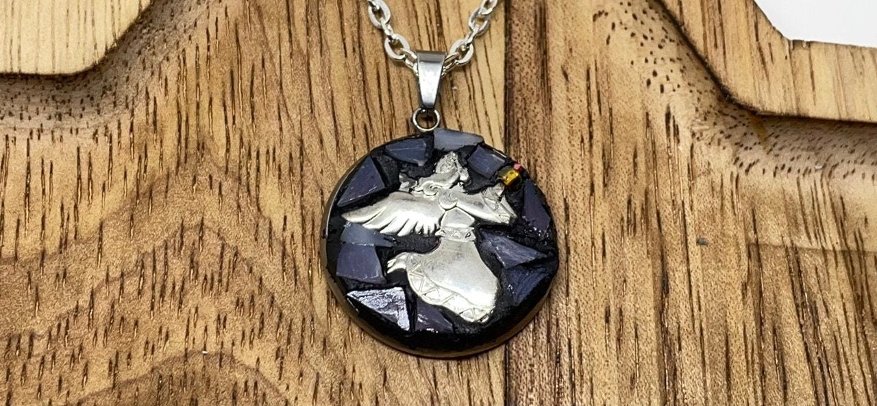 My handmade angel micro mosaic necklace with handcut tile and mixed materials