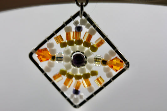 Orange, green, purple and white crystal and intricate beadwork small square dangle earrings
