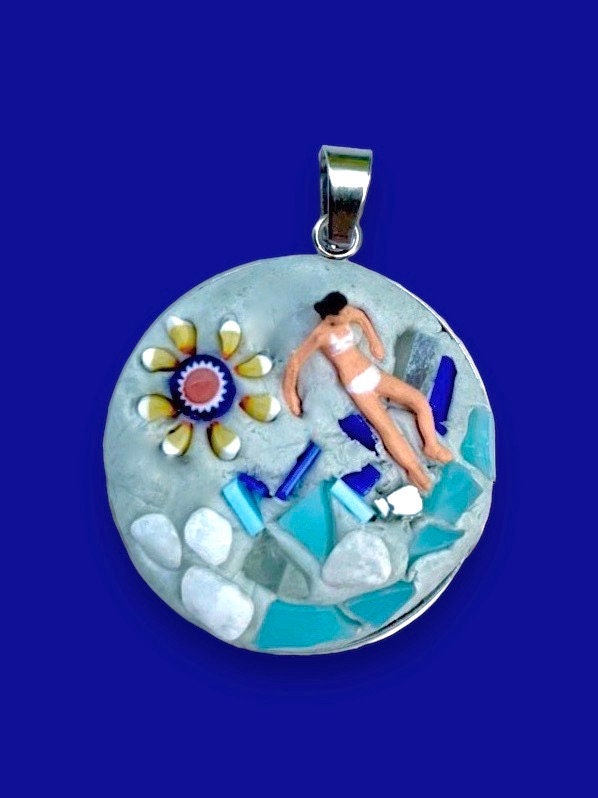 My own handmade micro mosaic glass millefiori necklace or pin - beach themed - one-of-a-kind