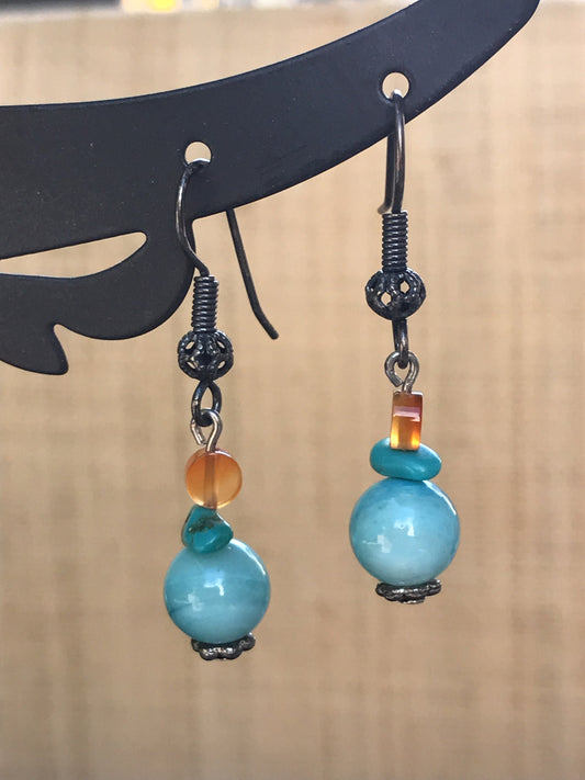 Stunning vintage blue and orange vintage dangle earrings - gemstone chip, bead and glass