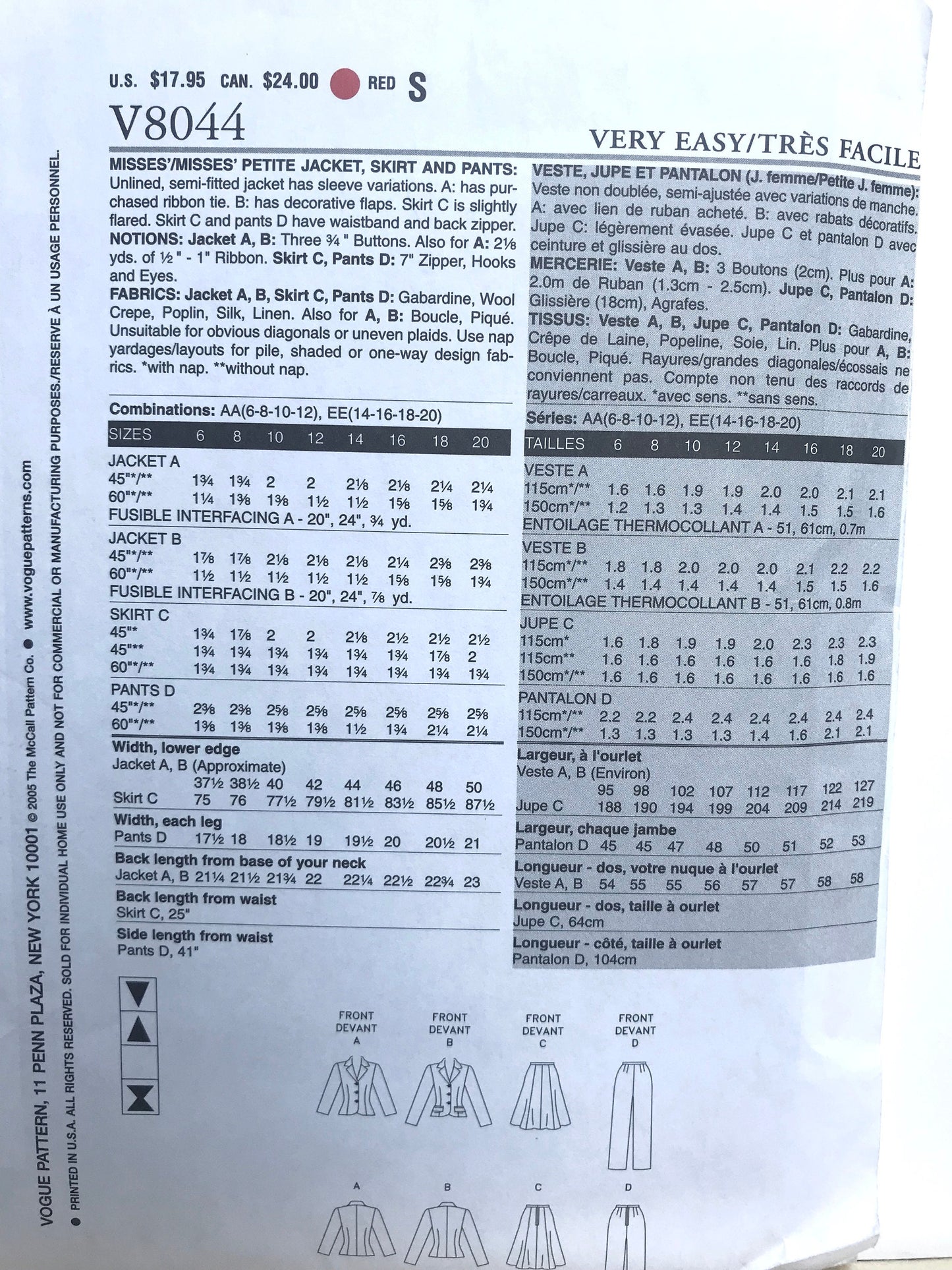 UNCUT Sewing Pattern - Very Easy Vogue Pattern V8044 - Jacket in Two Options, Flared Gored Skirt & Straight - Sizes 14-20 Leg Pants -