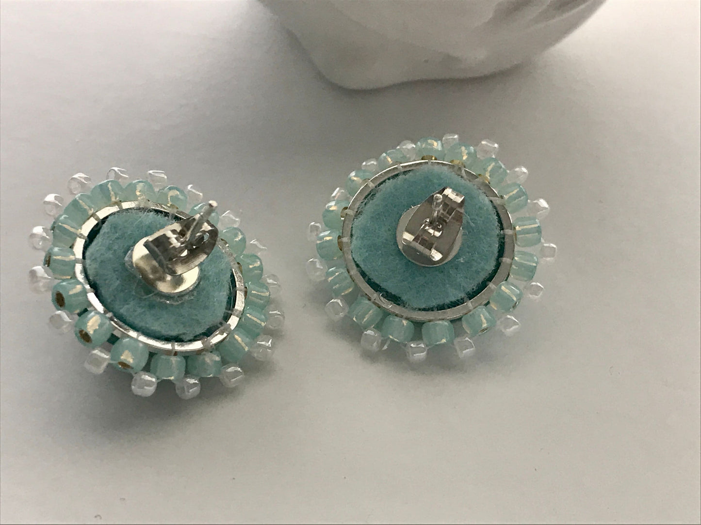 Intricately beaded vintage buttons handmade stud earrings - turquoise