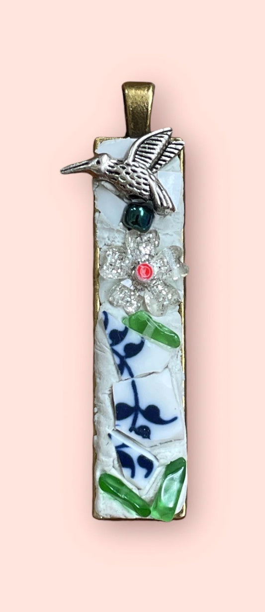 Handmade inlaid mixed material mosaic necklace - bird on a flower - tile from vintage plates, metal, glass chips, millefiori