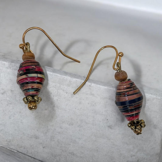 Little dangle earrings made with vintage rolled paper beads in shades of deep red, brown and cream