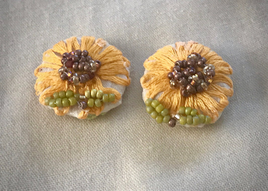 Upcycled sunflower earrings - embroidered flowers from vintage tablecloth surrounded by new, handmade beadwork - vintage and new materials
