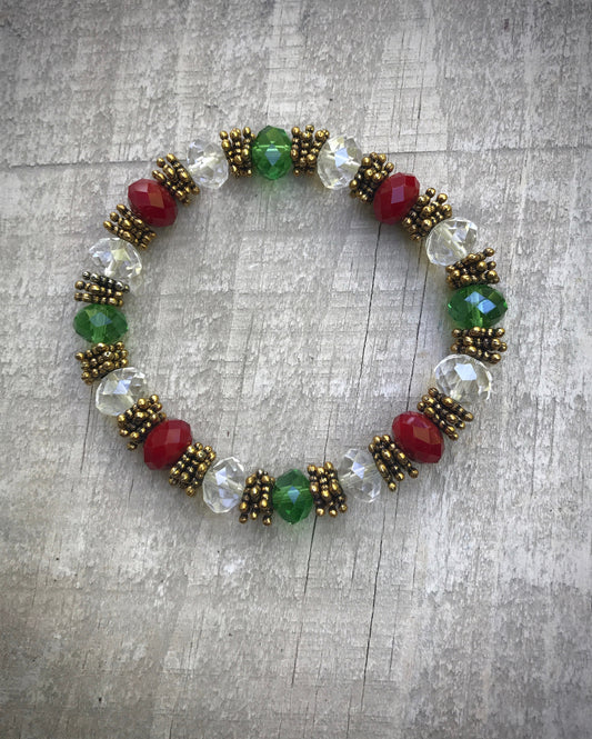 Red, green and clear crystal beaded shimmery vintage bracelet