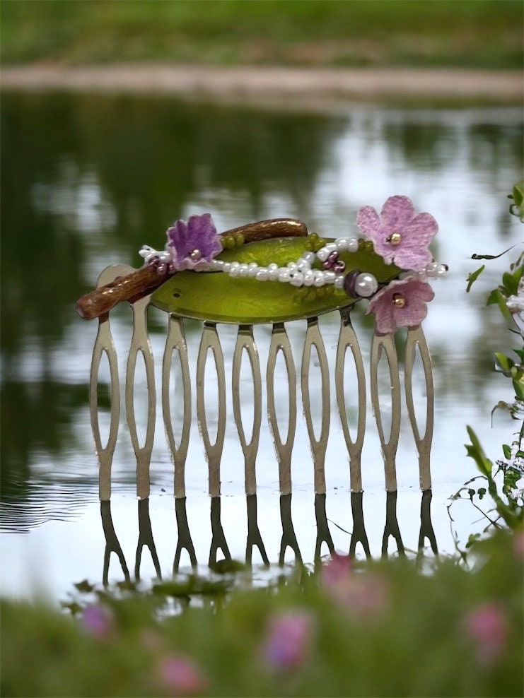 Mixed material hair comb - one-of-a-kind handmade beadwork with upcycled vintage fabric flowers, green "leaf" and branch