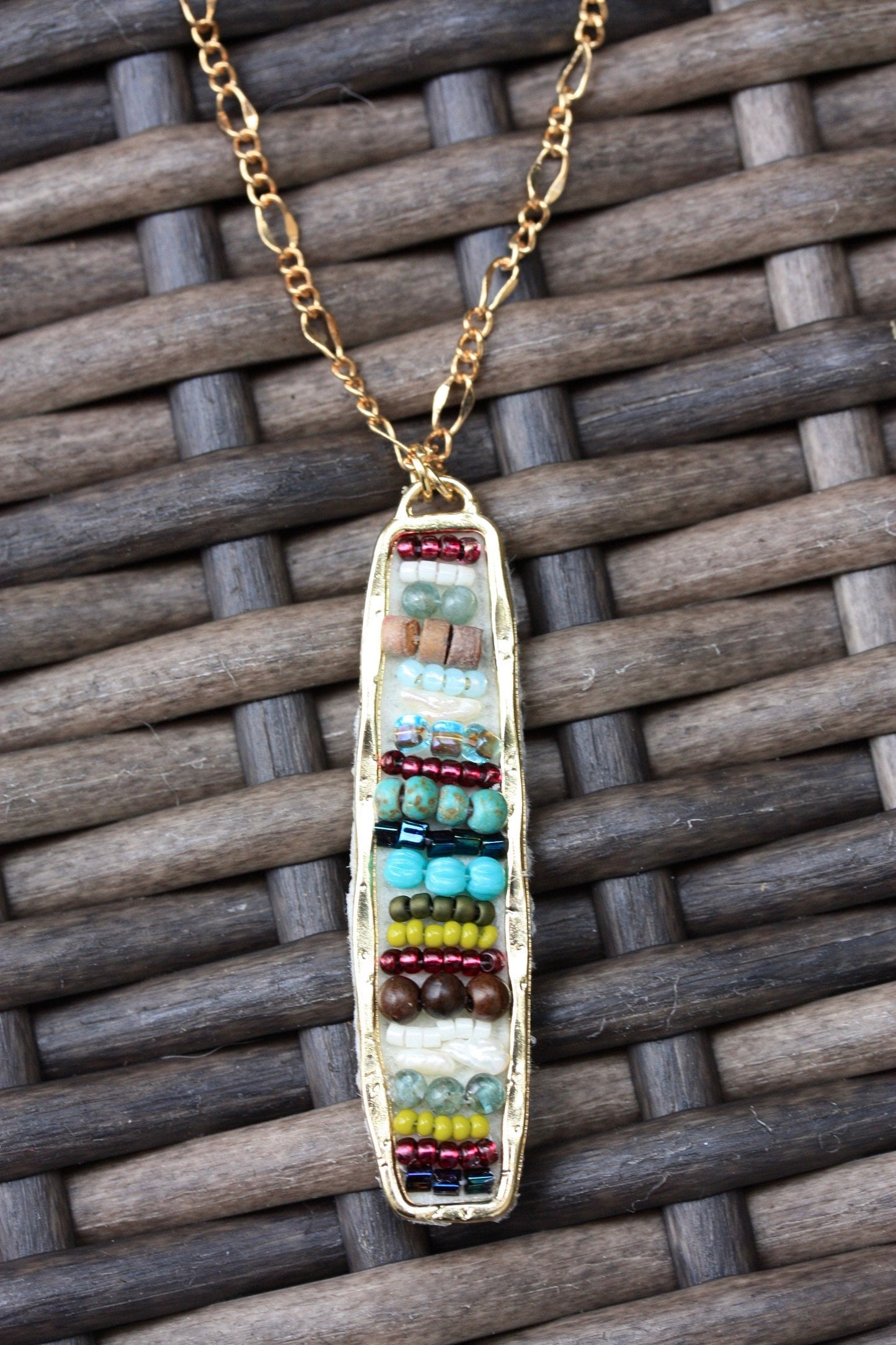 Hand beaded mixed material necklace - baroque pearl, glass, wood, metal, turquoise