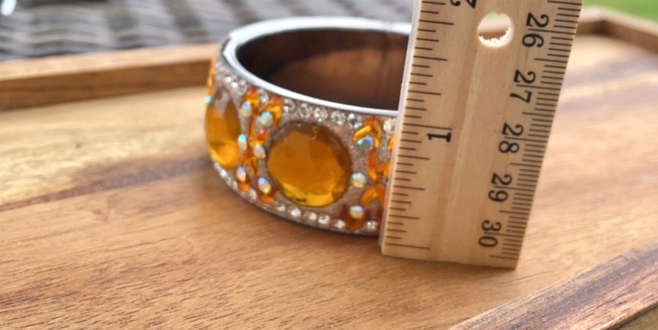 Stunning vintage wide bangle bracelet - orange inlaid rhinestone mosaic