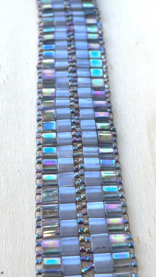 Stunning vintage silver and opalescent white glass tile hand bead woven vintage beadwork bracelet