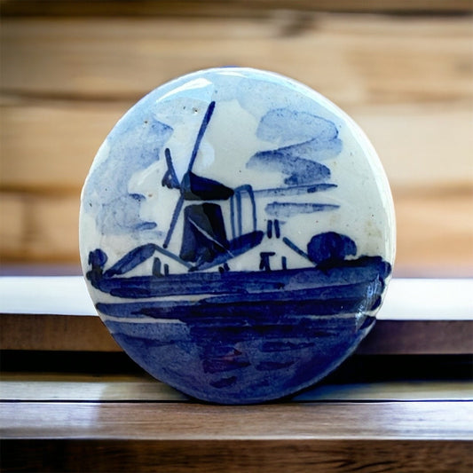 Vintage Delft Holland Windmill Brooch Pin - Porcelain - Hand Signed