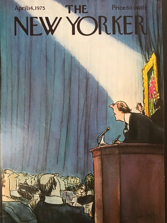 April 14, 1975 - The NEW YORKER Magazine original cover - cover art by Charles Saxon - a painting of flowers being auctioned