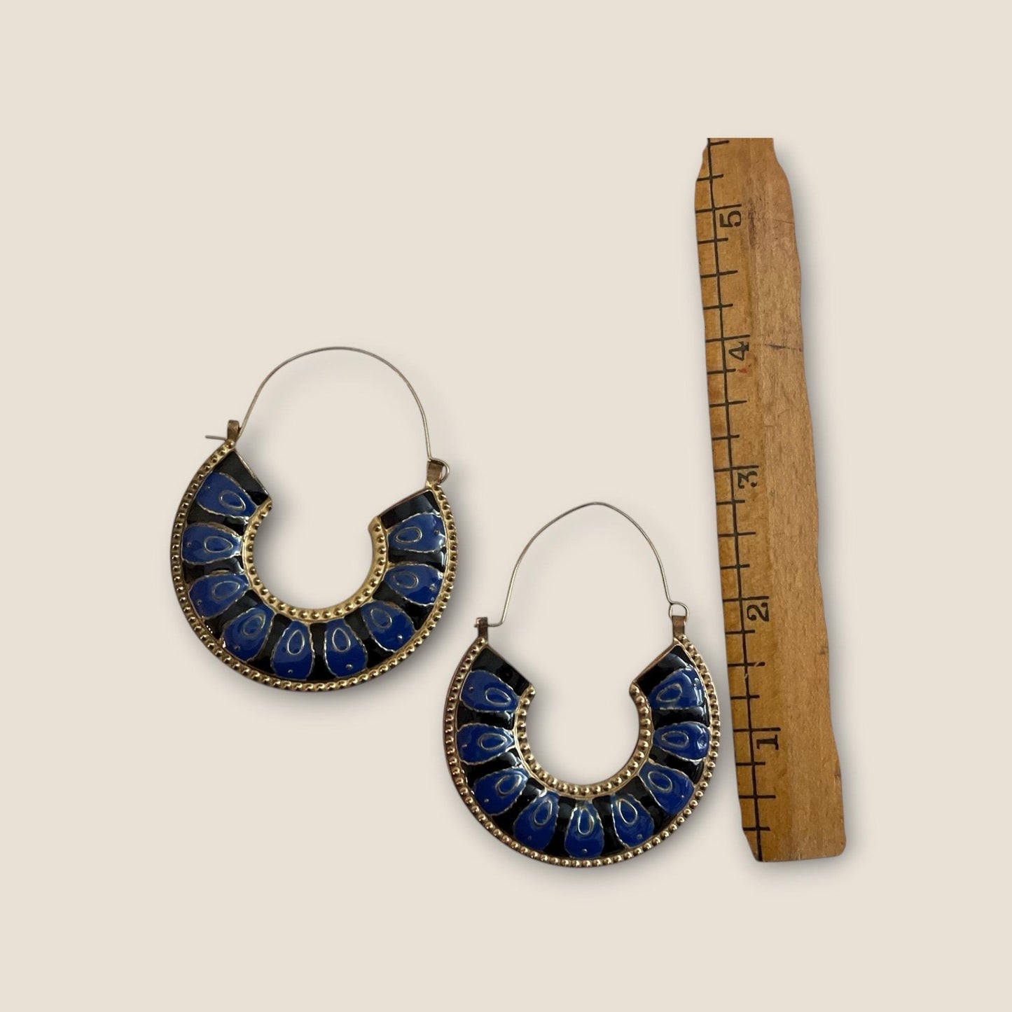 Vintage Brass & Blue Enamel Hoop Earrings – Boho Tribal Style Statement Earrings, Retro Artisan Jewelry