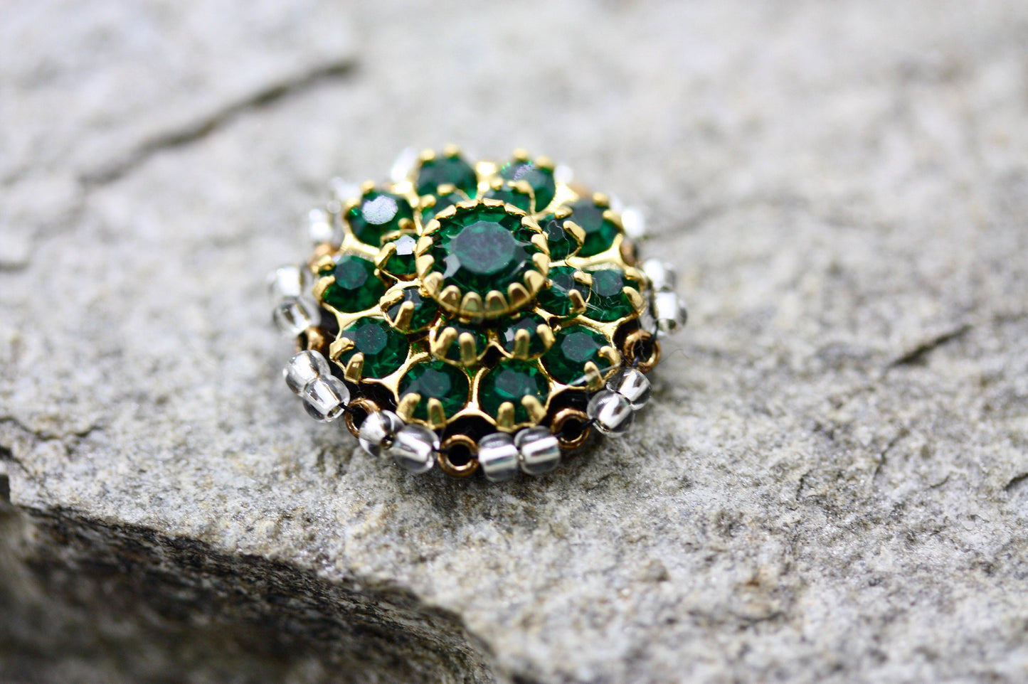 Handmade beadwork and mixed material emerald green and rhinestone tiny necklace pendant