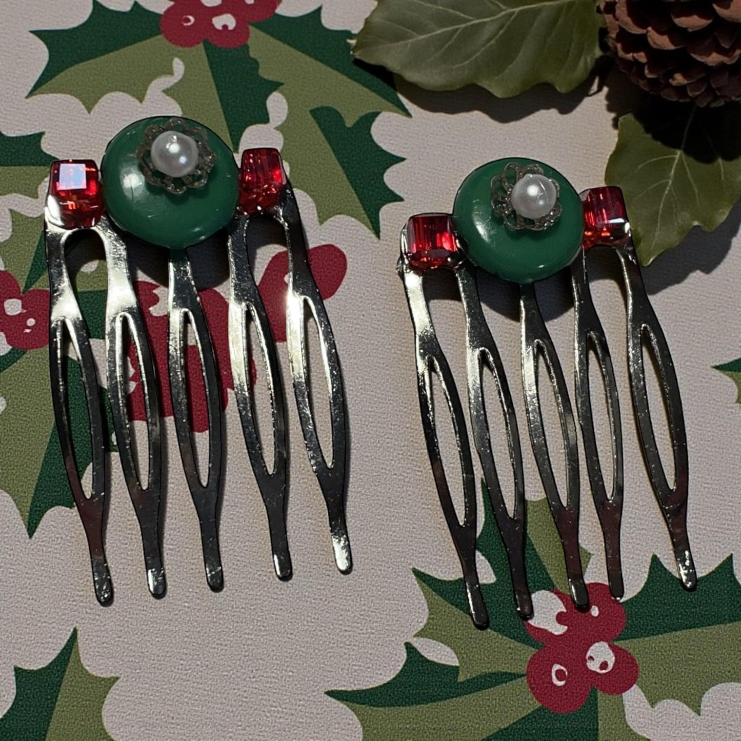 Handmade Green Wood & Red Crystal Hair Combs – Mixed Materials, Faux Pearl and Filigree, 1" Decorative Hair Accessories