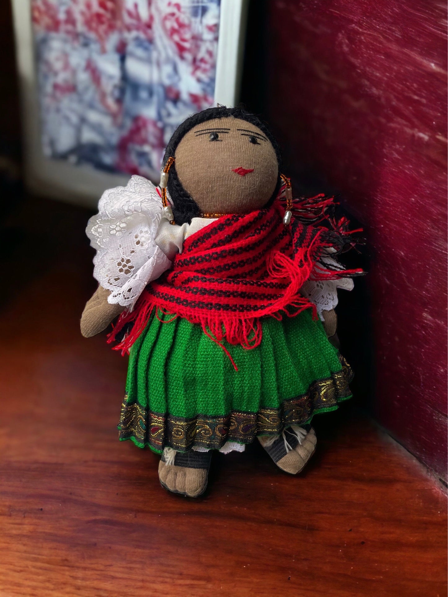 Stunning vintage Mexican? girl doll with braids, sandals and traditional clothing
