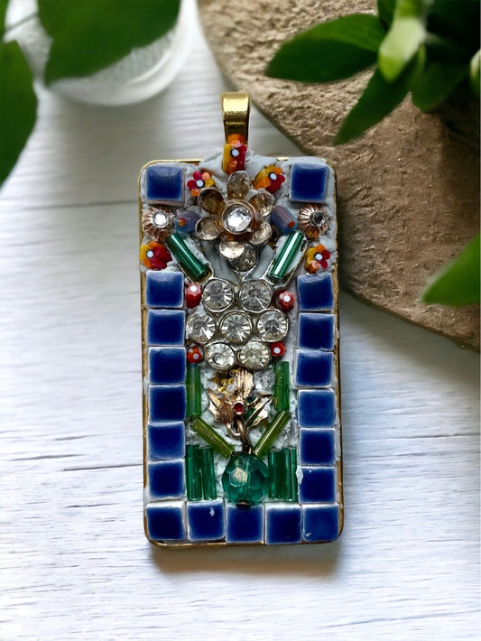 Mixed Material Micro Mosaic - tile, glass, metal and rhinestones - Assemblage art necklace pendant