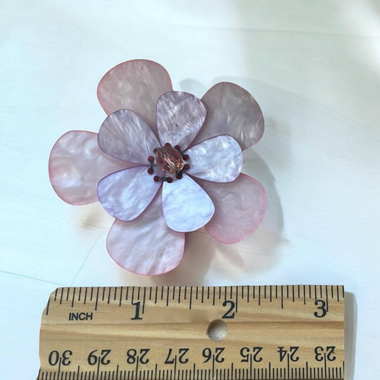 1970s Simulated Mother of Pearl pale pink and lavender Flower Brooch – Dual Petal Layers – Crystal Bead Center – Vintage Floral Pin