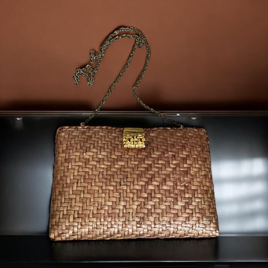 Vintage Wicker Handbag - Brown Wicker Shoulder Bag With Chain Handle & Zipper Pocket