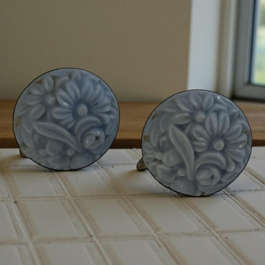 Vintage Blue Floral Screwback Earrings | Carved Lucite Clip On Earrings | Retro Flower Costume Jewelry
