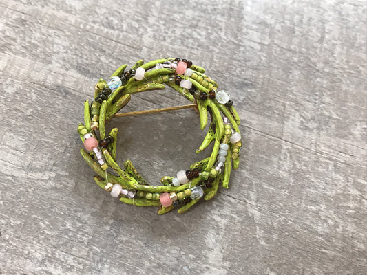 Revised, Modernized, Upcycled - hand made / hand painted one-of-a-kind mixed media beaded vintage wreath flower pin brooch