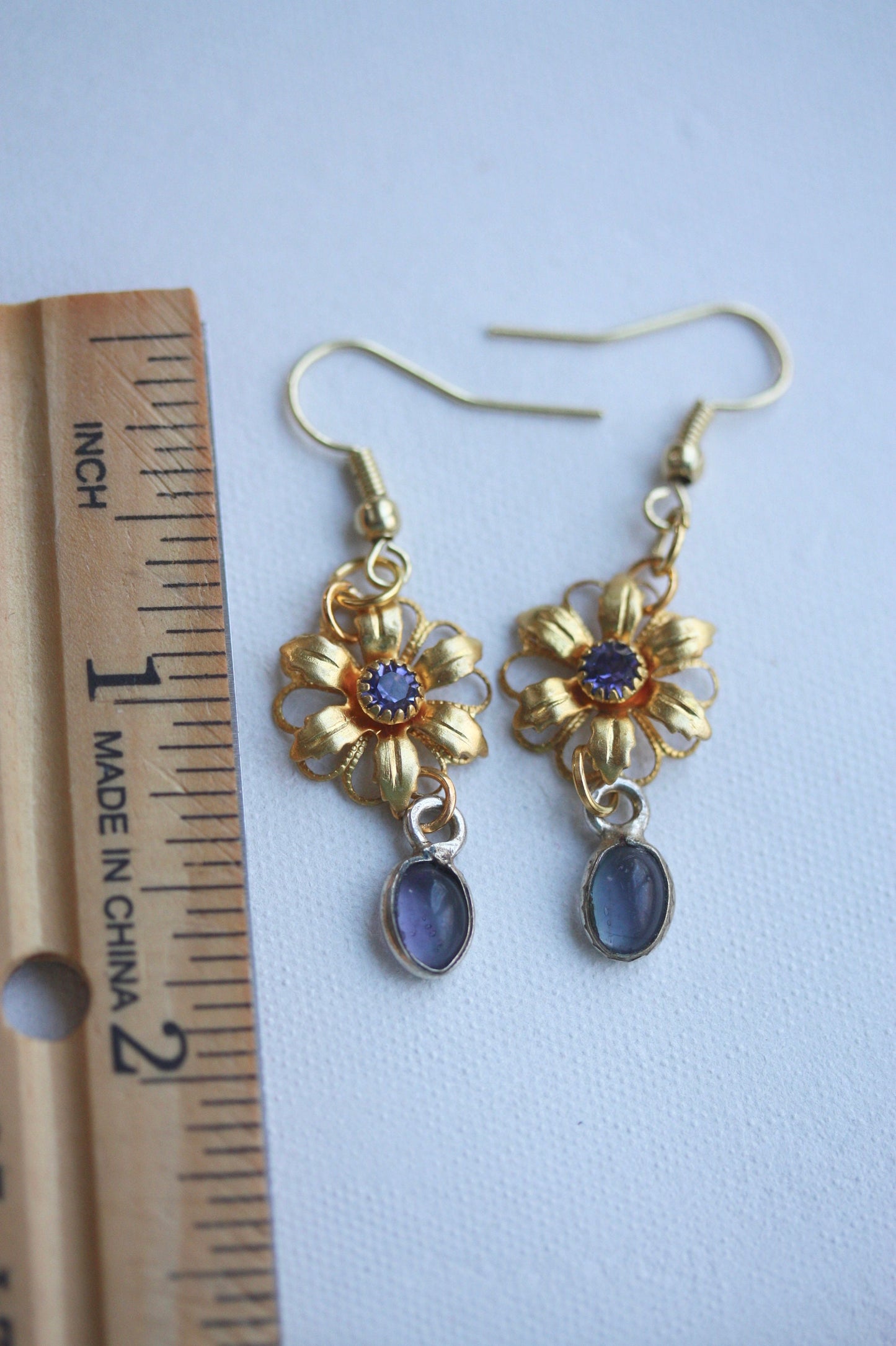 Handmade earrings - made up of vintage & new components - gold flowers with purple rhinestones and purple dangles