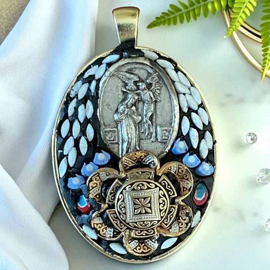 Handmade Micro Mosaic Oval Necklace – Vintage Christian Pendant and Damascene surrounded by hand cut Inlaid Glass Mosaic – Mixed Media