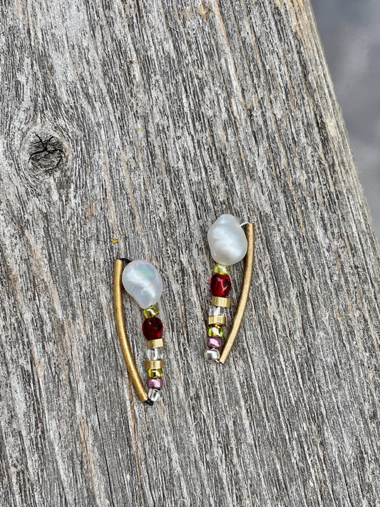 Unique mixed material handmade sterling silver stud earrings - baroque pearls, glass, metal, Japanese seed beads