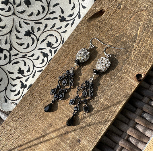 Mixed materials one-of-a-kind handmade dangle earrings - upcycled vintage rhinestones, new and vintage elements