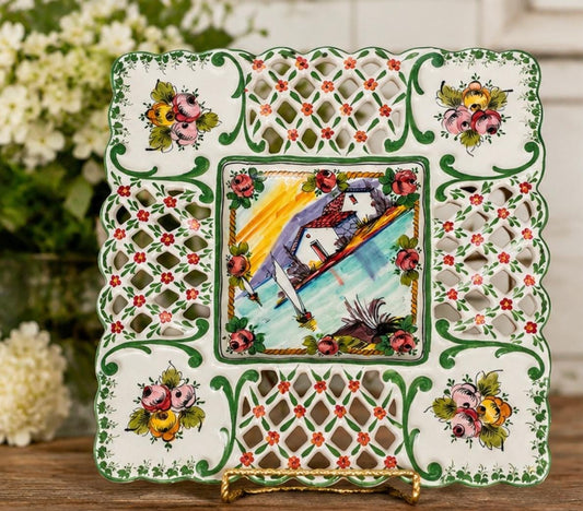 Vintage Alcobaça Portugal Hand Painted Reticulated Serving Dish, 12" Square Pierced Ceramic Platter, Cottage Farmhouse Decor