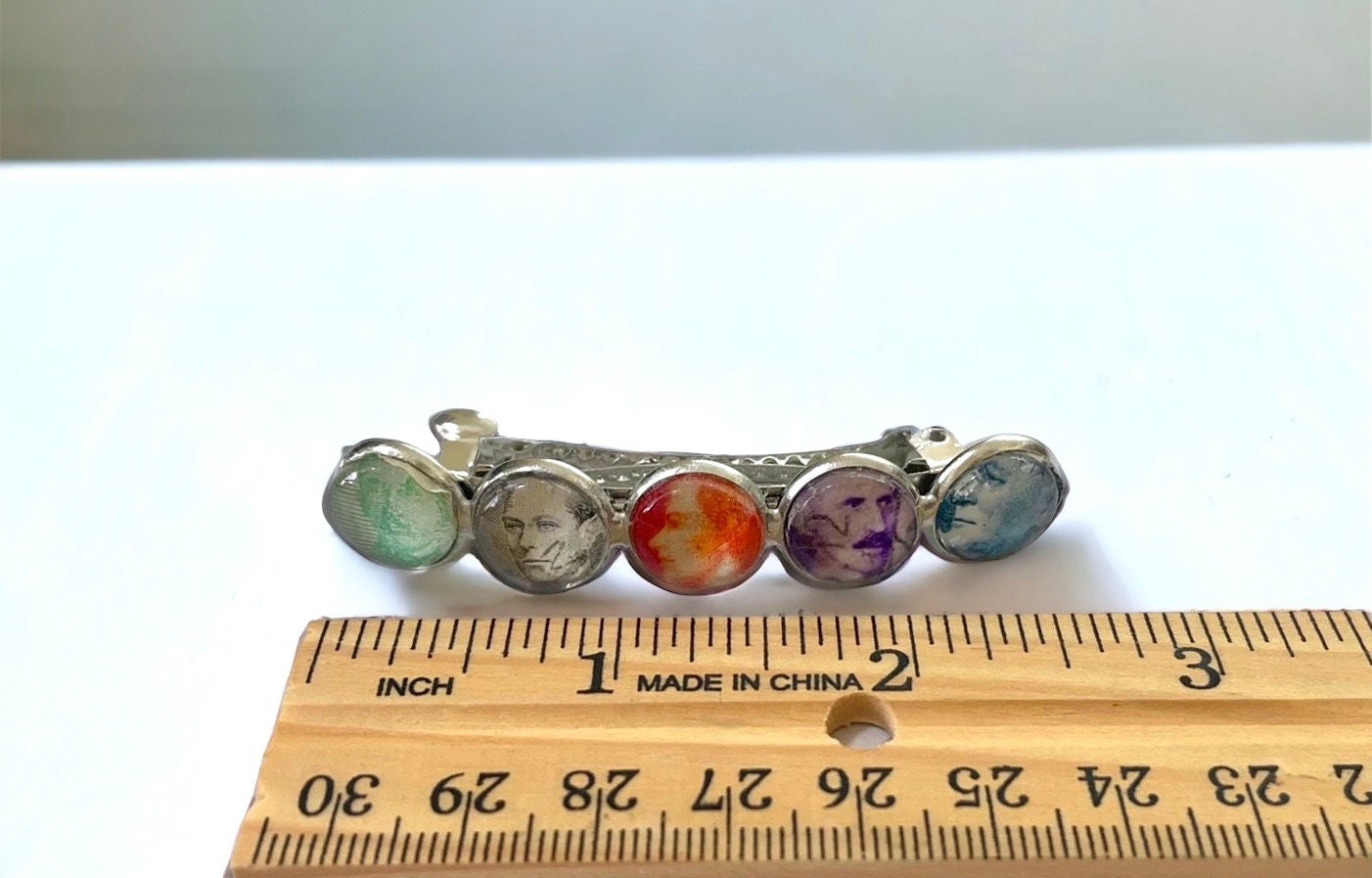 Unique handmade Hair barrette featuring world leaders - made from postage stamps from around the world