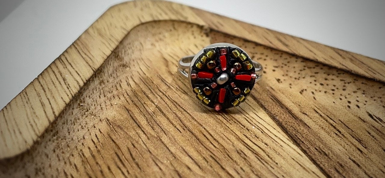 Handmade micro mosaic adjustable ring - Italian inspired - hand cut inlaid millefiori glass with tiny metallic seed beads