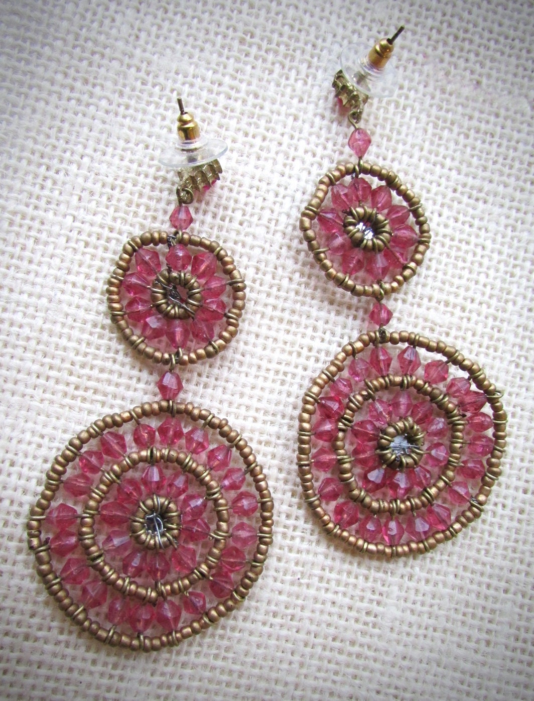 Very long handcrafted vintage pink & gold beaded earrings - mandala style