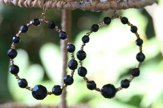 Stunning vintage black and gold beaded hoop earrings