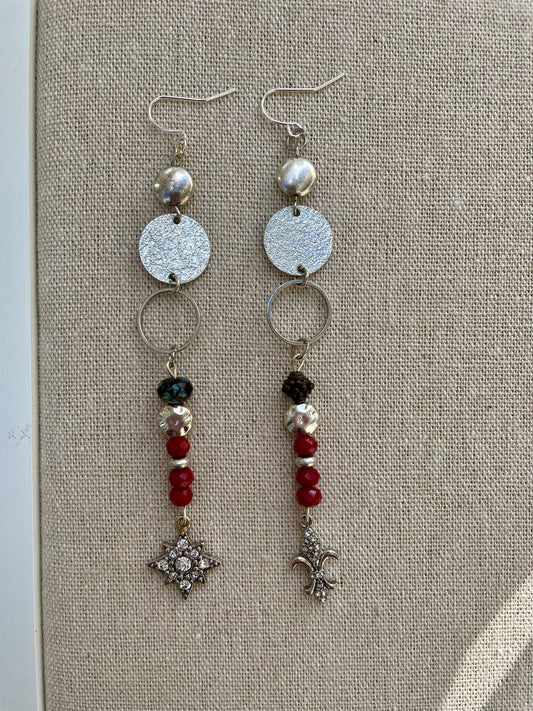 Unique long dangle earrings made with new and vintage mixed materials - hammered, smooth and textured metal, glass beads, mismatched dangles