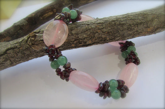 Vintage beadwoven gemstone bracelet - pink quartz, garnet and more