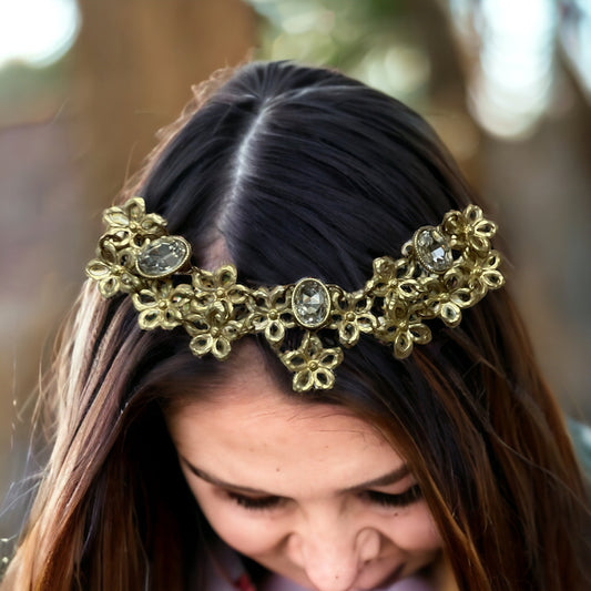 Mixed material upcycled hair accessory - hair clip - gold metal flowers and rhinestones