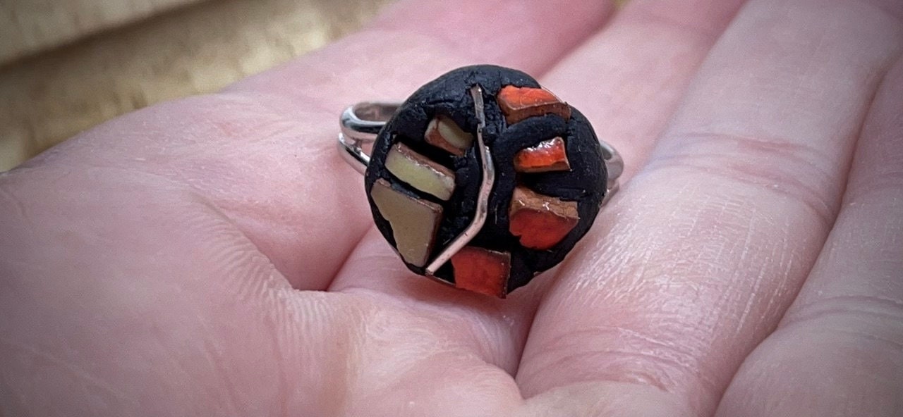 Handmade mosaic adjustable ring - Italian inspired - hand cut inlaid orange and green tile