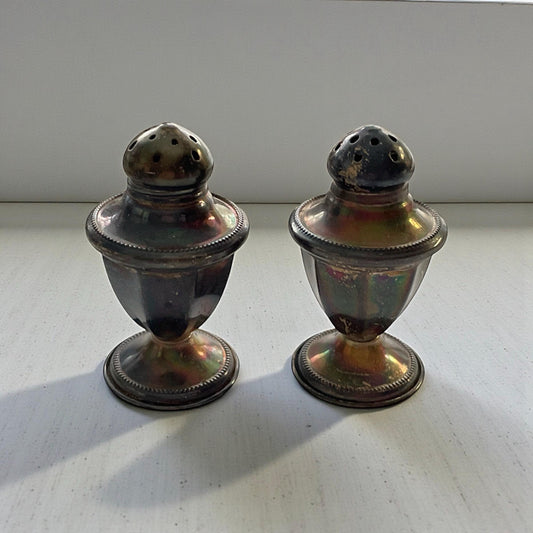 Two silver salt and pepper shakers are placed side by side on a white surface.
