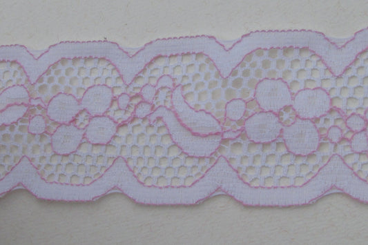 Wide (2 and one-quarter inches wide) vintage floral pink and white lace - by the yard