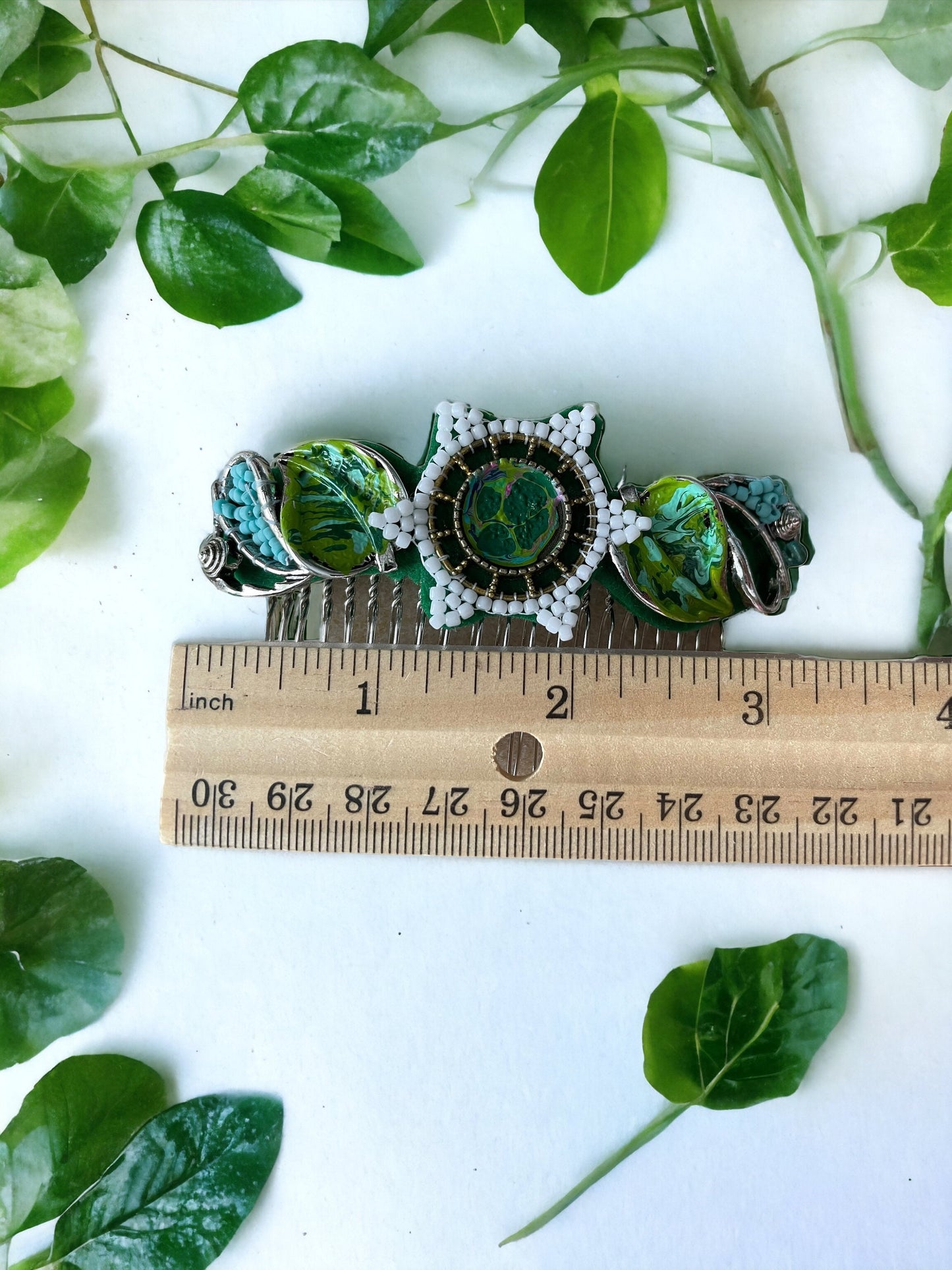 One-of-a-kind, hand made, nature inspired, mixed media metal hair comb