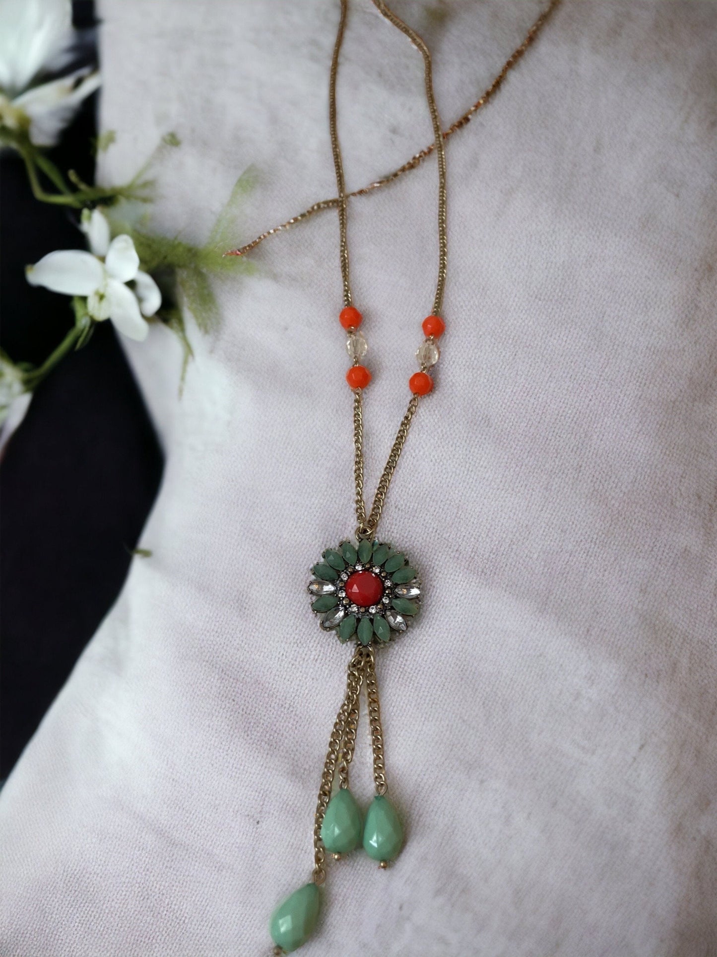 Pretty vintage necklace - turquoise and orange mandela style focal with dangles