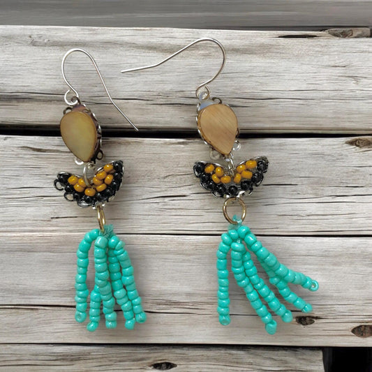 Handmade mixed material earrings - Mustard yellow teardrops with black and mustard glass seed beads and turquoise beaded dangles