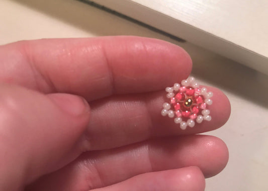 Tiny little hand beaded stud earrings - shades of pink and cream with goldtone center
