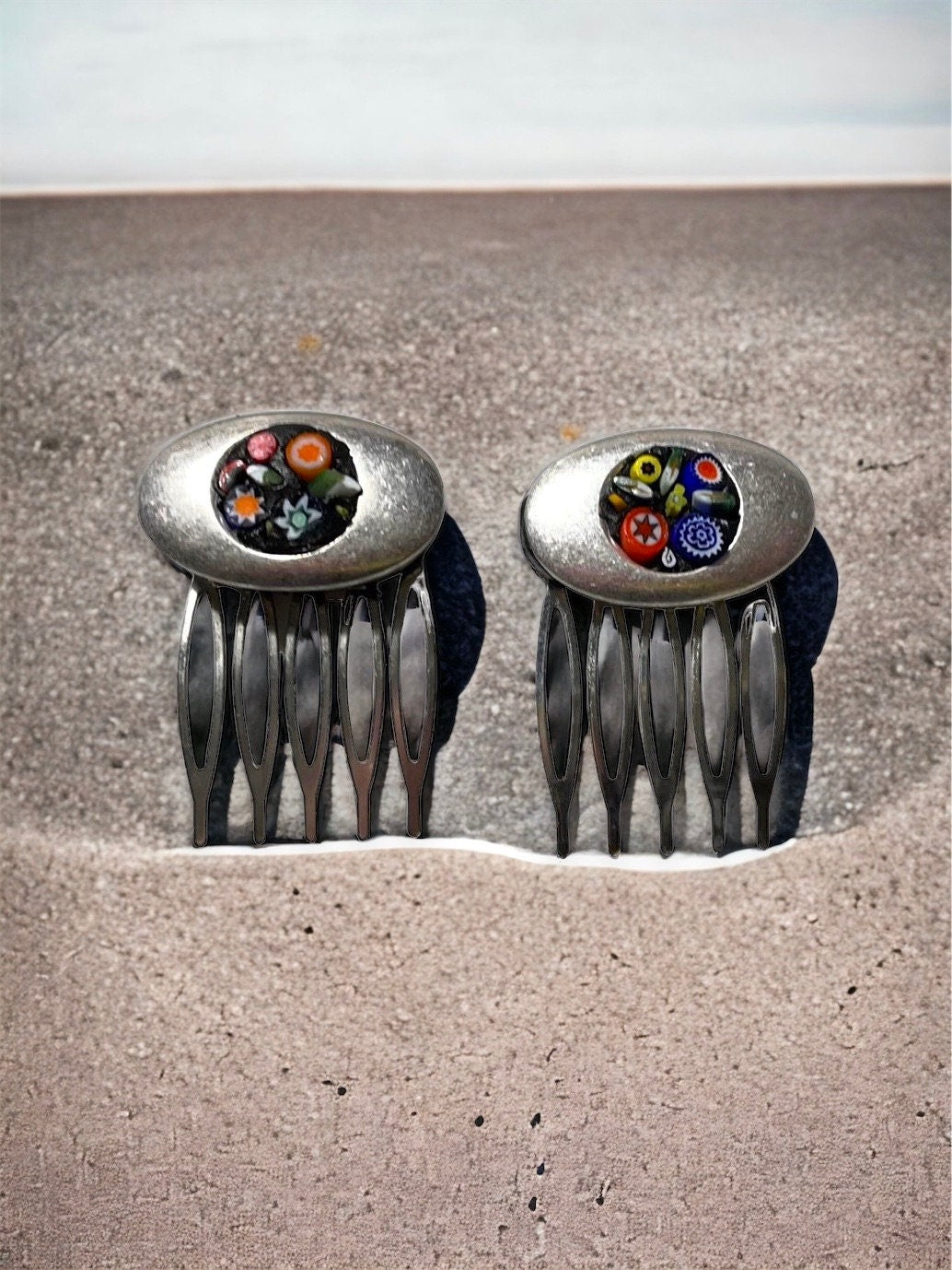 Pair of one-of-a-kind handmade Italian glass micro mosaic hair combs with millefiori